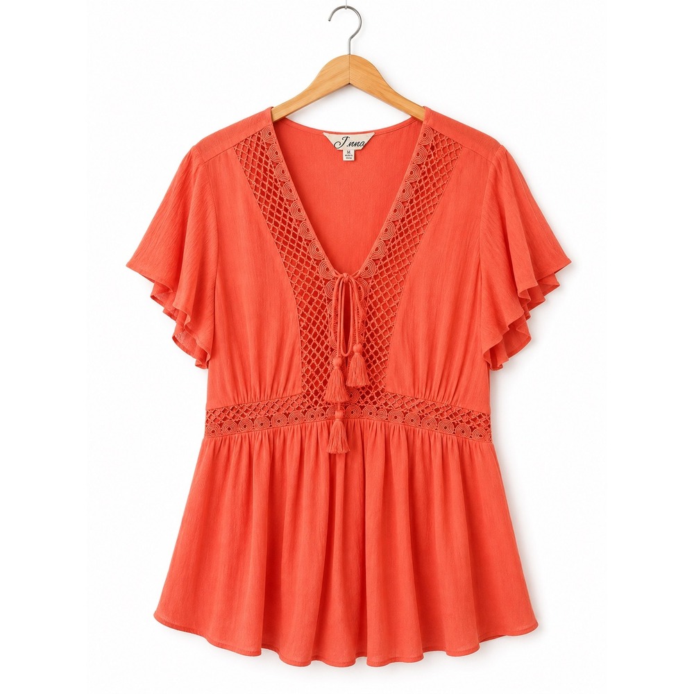 J. Anna Coral Orange Crochet Lace V-Neck Tassel Tie Babydoll Blouse Medium